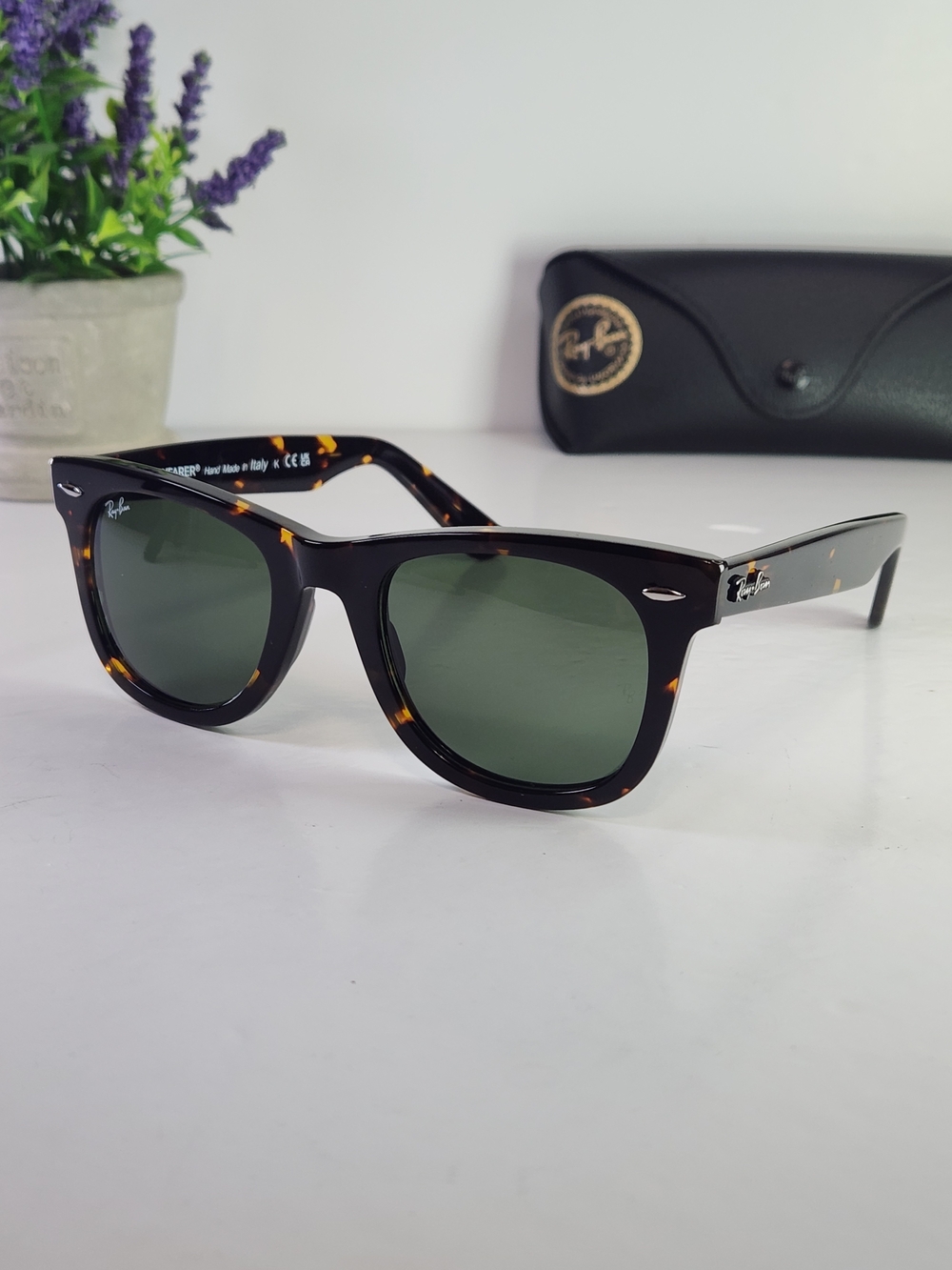 Ray-Ban Wayfarer Classic Sunglasses, Tortoise, G-15 Green Lenses, Made in Italy.